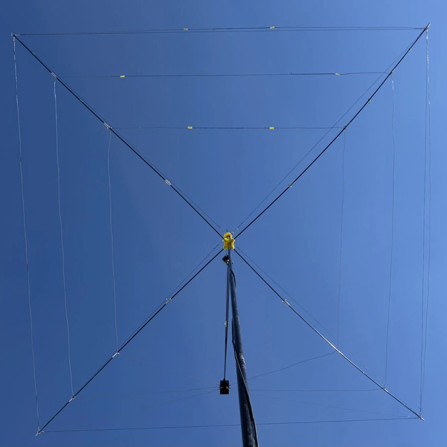 Ultra Light Cobweb Antenna viewed from below, showing square wire elements and fiberglass supports against blue sky
