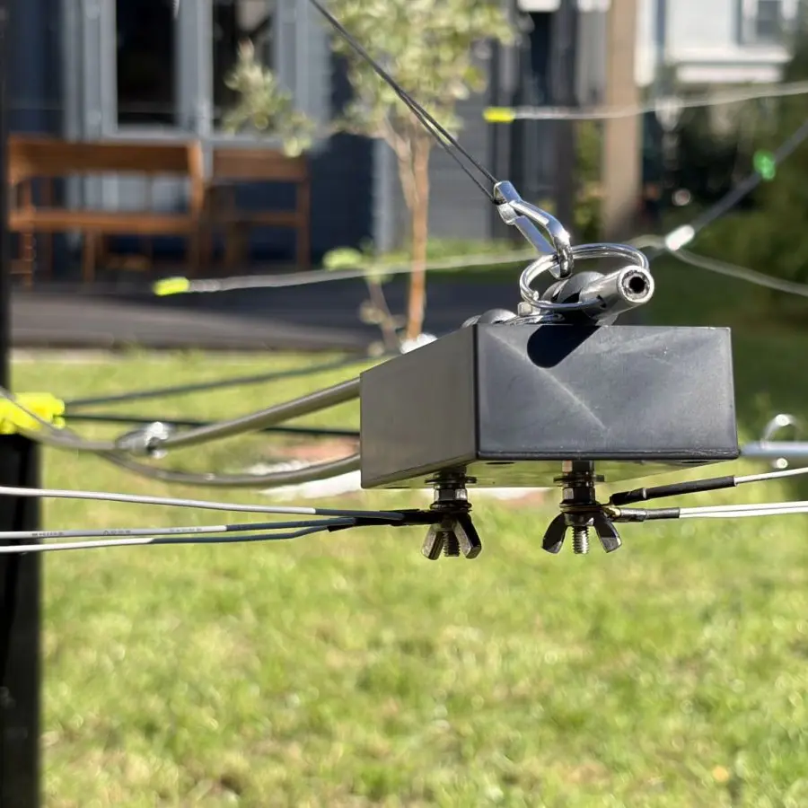 Ultra Light Cobweb Antenna transformer close-up showing wire element connections and wing-nut terminals